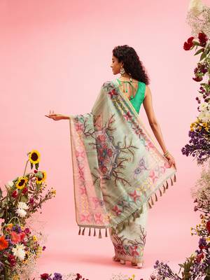 Green Madhubani Printed Cotton Blend Saree 3