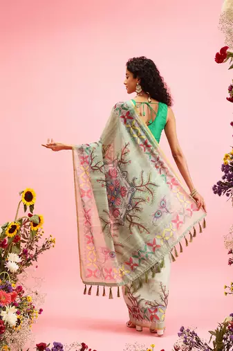 Green Madhubani Printed Cotton Blend Saree
