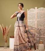 Beige Madhubani Printed Cotton Blend Saree