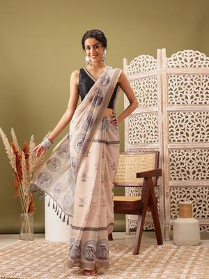 Beige Madhubani Printed Cotton Blend Saree 2