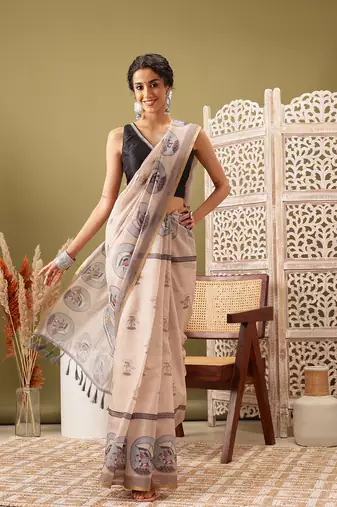 Beige Madhubani Printed Cotton Blend Saree