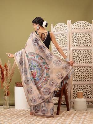 Beige Madhubani Printed Cotton Blend Saree 3