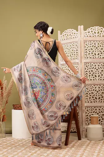 Beige Madhubani Printed Cotton Blend Saree