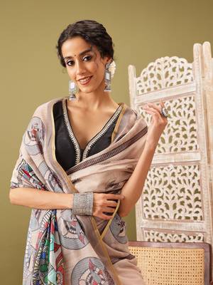 Beige Madhubani Printed Cotton Blend Saree 4