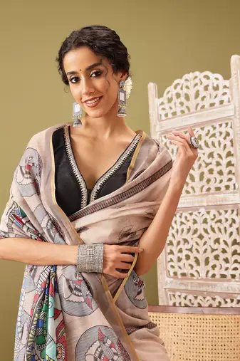 Beige Madhubani Printed Cotton Blend Saree