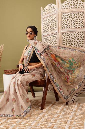 Beige Madhubani Printed Cotton Blend Saree
