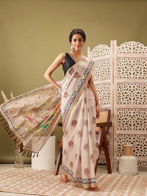 Beige Madhubani Printed Cotton Blend Saree 2