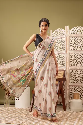 Beige Madhubani Printed Cotton Blend Saree