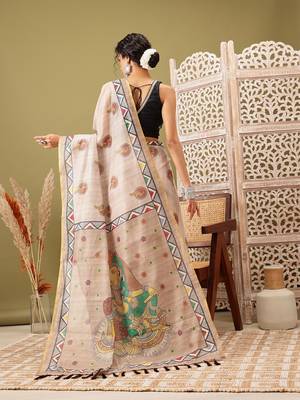 Beige Madhubani Printed Cotton Blend Saree 3