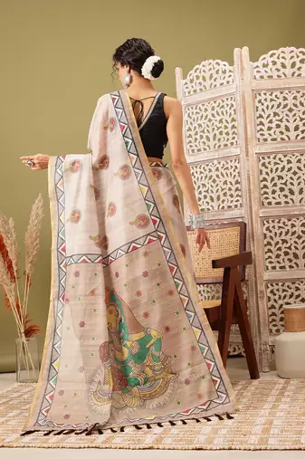 Beige Madhubani Printed Cotton Blend Saree