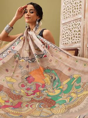 Beige Madhubani Printed Cotton Blend Saree 4