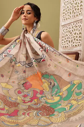Beige Madhubani Printed Cotton Blend Saree