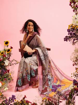 Grey Madhubani Printed Cotton Blend Saree 1