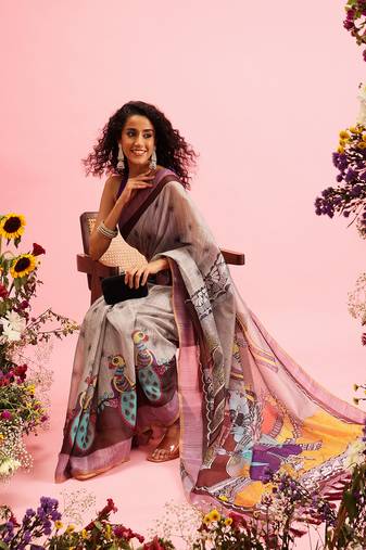 Grey Madhubani Printed Cotton Blend Saree