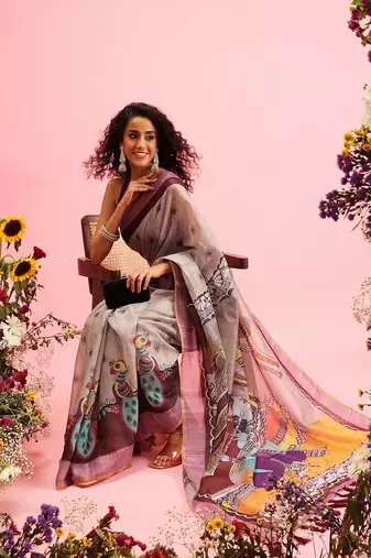 Grey Madhubani Printed Cotton Blend Saree
