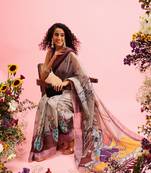 Grey Madhubani Printed Cotton Blend Saree