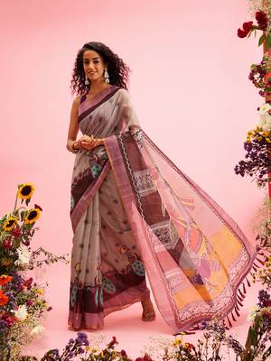 Grey Madhubani Printed Cotton Blend Saree 2