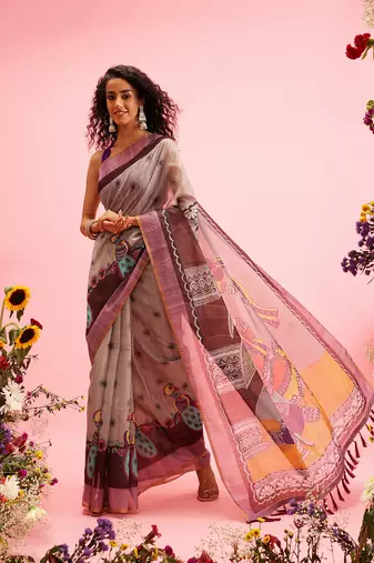 Grey Madhubani Printed Cotton Blend Saree