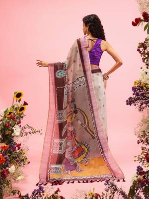 Grey Madhubani Printed Cotton Blend Saree 3
