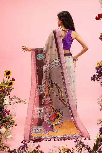 Grey Madhubani Printed Cotton Blend Saree