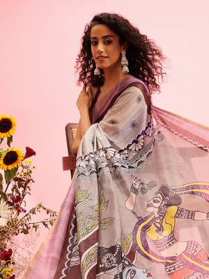 Grey Madhubani Printed Cotton Blend Saree 4