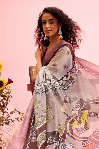 Grey Madhubani Printed Cotton Blend Saree