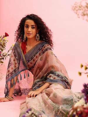 Beige Madhubani Printed Cotton Blend Saree 1