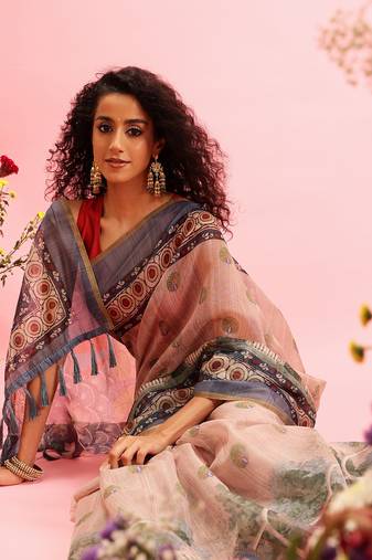Beige Madhubani Printed Cotton Blend Saree