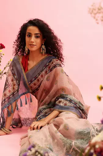 Beige Madhubani Printed Cotton Blend Saree
