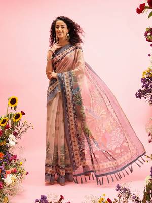 Beige Madhubani Printed Cotton Blend Saree 2