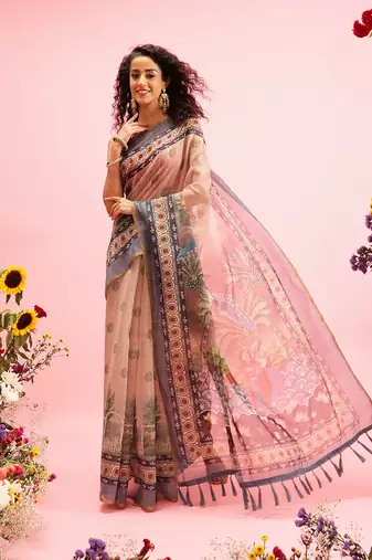 Beige Madhubani Printed Cotton Blend Saree