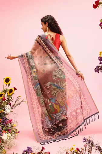 Beige Madhubani Printed Cotton Blend Saree
