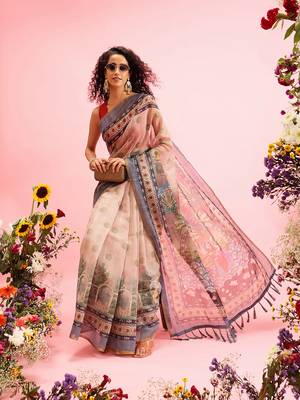 Beige Madhubani Printed Cotton Blend Saree 4