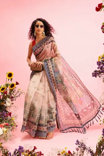 Beige Madhubani Printed Cotton Blend Saree