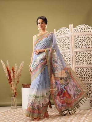Grey Madhubani Printed Cotton Blend Saree 1