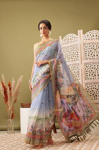 Grey Madhubani Printed Cotton Blend Saree