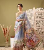 Grey Madhubani Printed Cotton Blend Saree