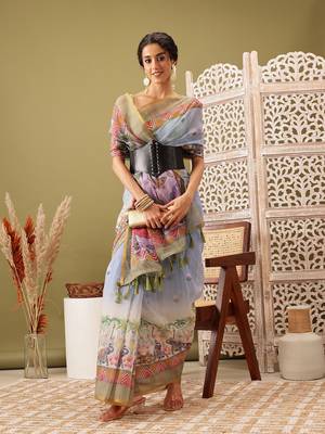 Grey Madhubani Printed Cotton Blend Saree 2