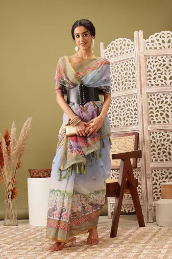 Grey Madhubani Printed Cotton Blend Saree