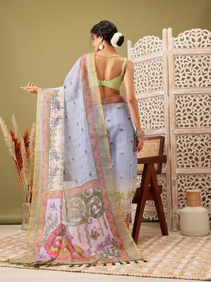 Grey Madhubani Printed Cotton Blend Saree 3