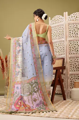 Grey Madhubani Printed Cotton Blend Saree