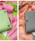 Women's exclusive green and grey color unstitched embroidery and sequence work dupatta cotton combo dress material