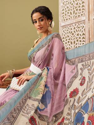 Pink Madhubani Printed Cotton Blend Saree 1