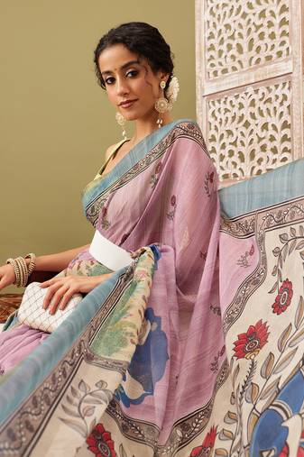 Pink Madhubani Printed Cotton Blend Saree