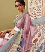 Pink Madhubani Printed Cotton Blend Saree