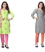 Women's charming green and grey color unstitched embroidery and sequence work dupatta cotton combo dress material