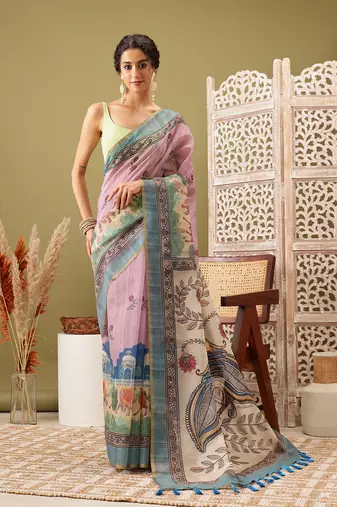 Pink Madhubani Printed Cotton Blend Saree