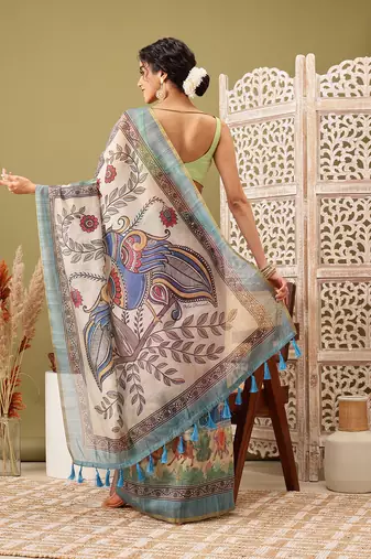 Pink Madhubani Printed Cotton Blend Saree