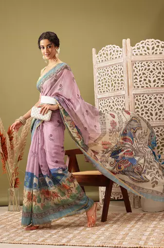 Pink Madhubani Printed Cotton Blend Saree