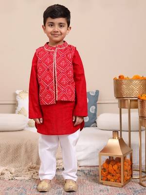 Budding bees boys cotton foil printed jacket with kurta & pajama 3 pc festive set-red 1